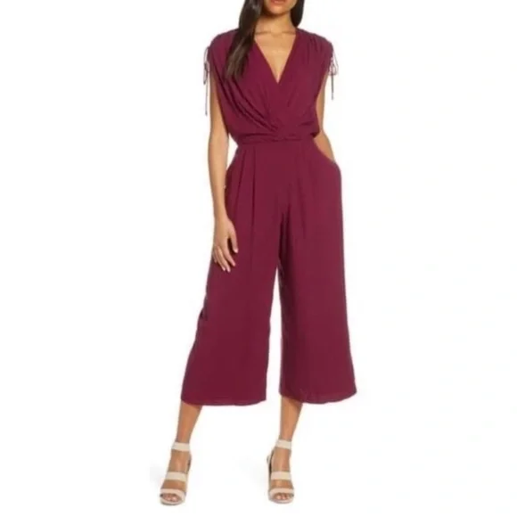 NEW Gal Meets Glam Luella Maroon Wine Burgundy Ruched Crop Jumpsuit 18
